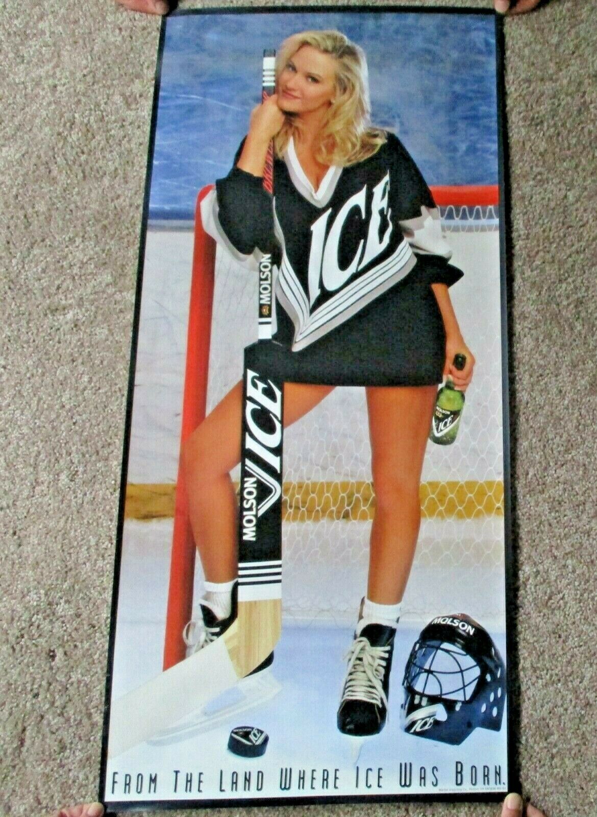 Large Vintage Molson Ice Beer Sexy Blonde Hockey Player Advertising Beer Poster