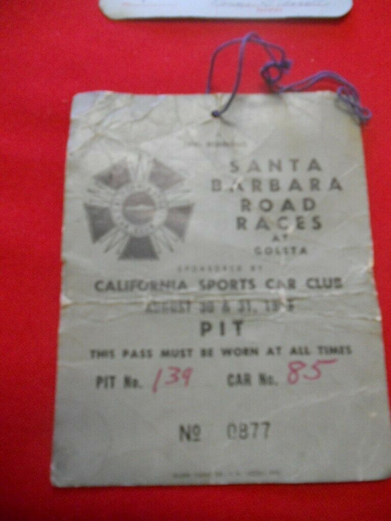 RARE 1958 CSCC 10TH Santa Barbara Rd. races at Golrta Pit Pass papers