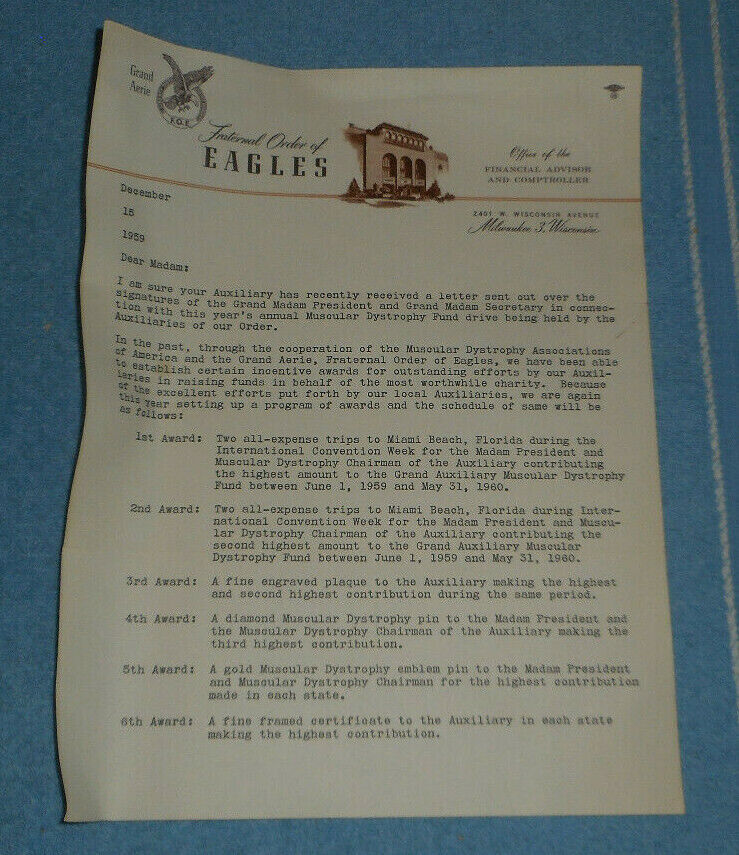 1959 Fraternal Order of Eagles FOE Letter Muscular Dystrophy Fund Drive
