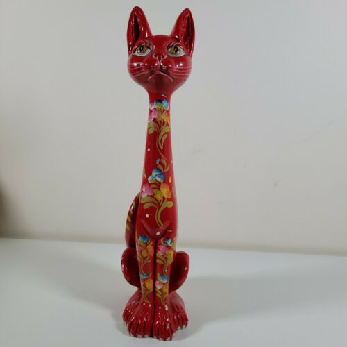 Vintage Ceramic Handpainted Tall Skinny Red Wide Eyed Unimpressed Cat