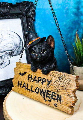 Ebros Black Cat With Witch Hat And Happy Halloween Sign Wall Ceiling Hanger