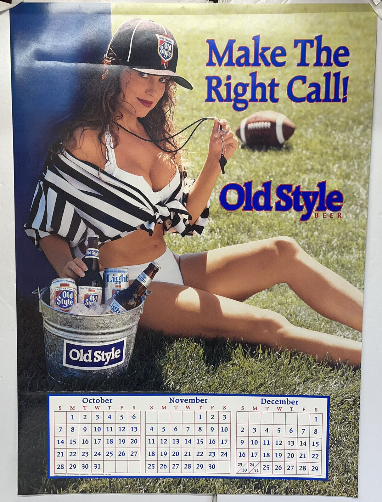 Old Style Beer Vtg. ©1990 Sexy Football Referee Girl Poster Calendar ~20"x28"