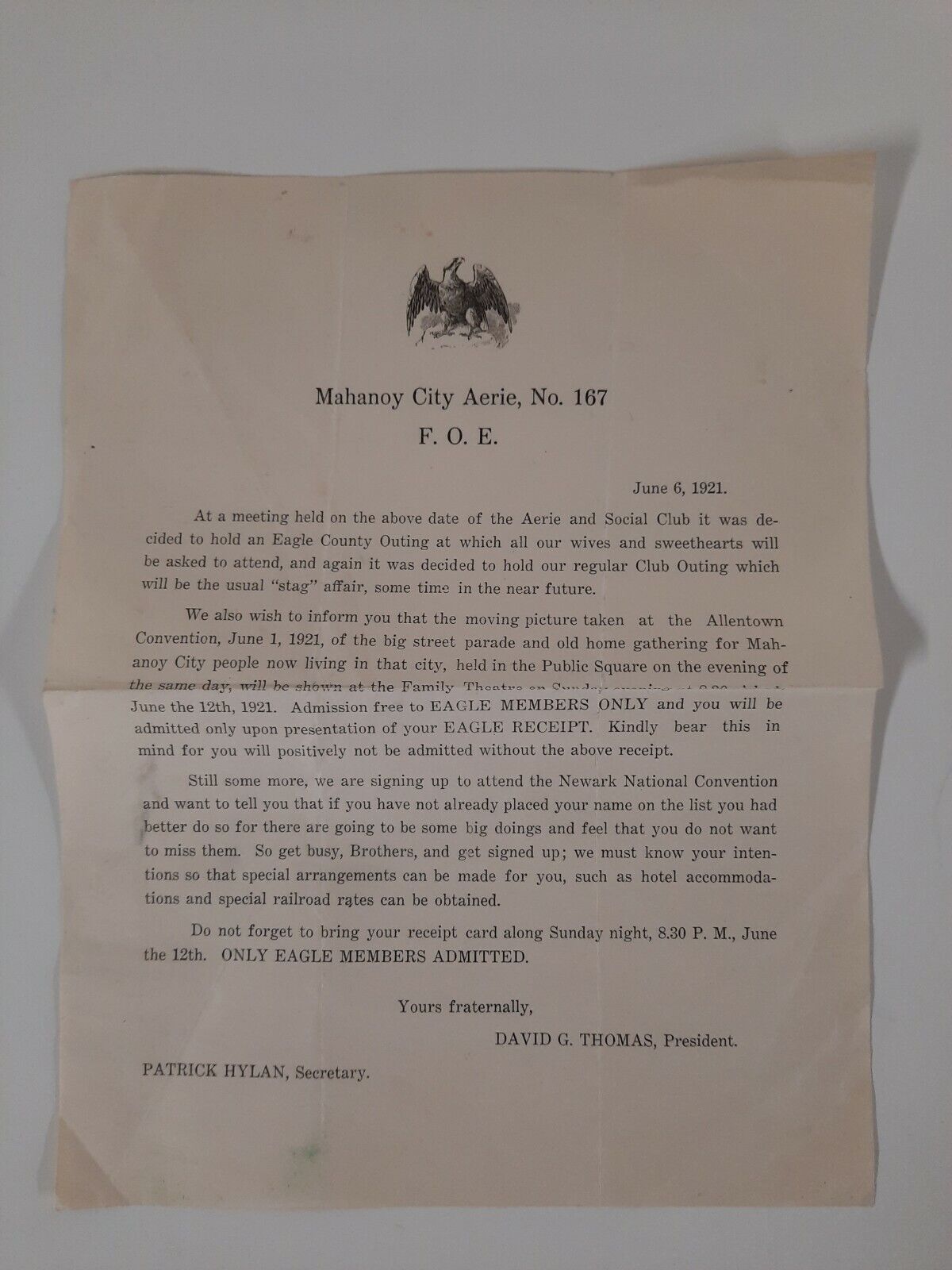 FOE 1927 letter MAHANOY CITY AERIE No 167