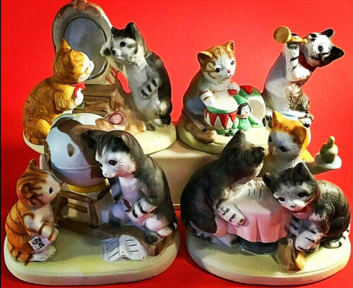 Cat Figurines Set Of 4 Drum Globe Mirror Supper Table Cats Being People Vintage
