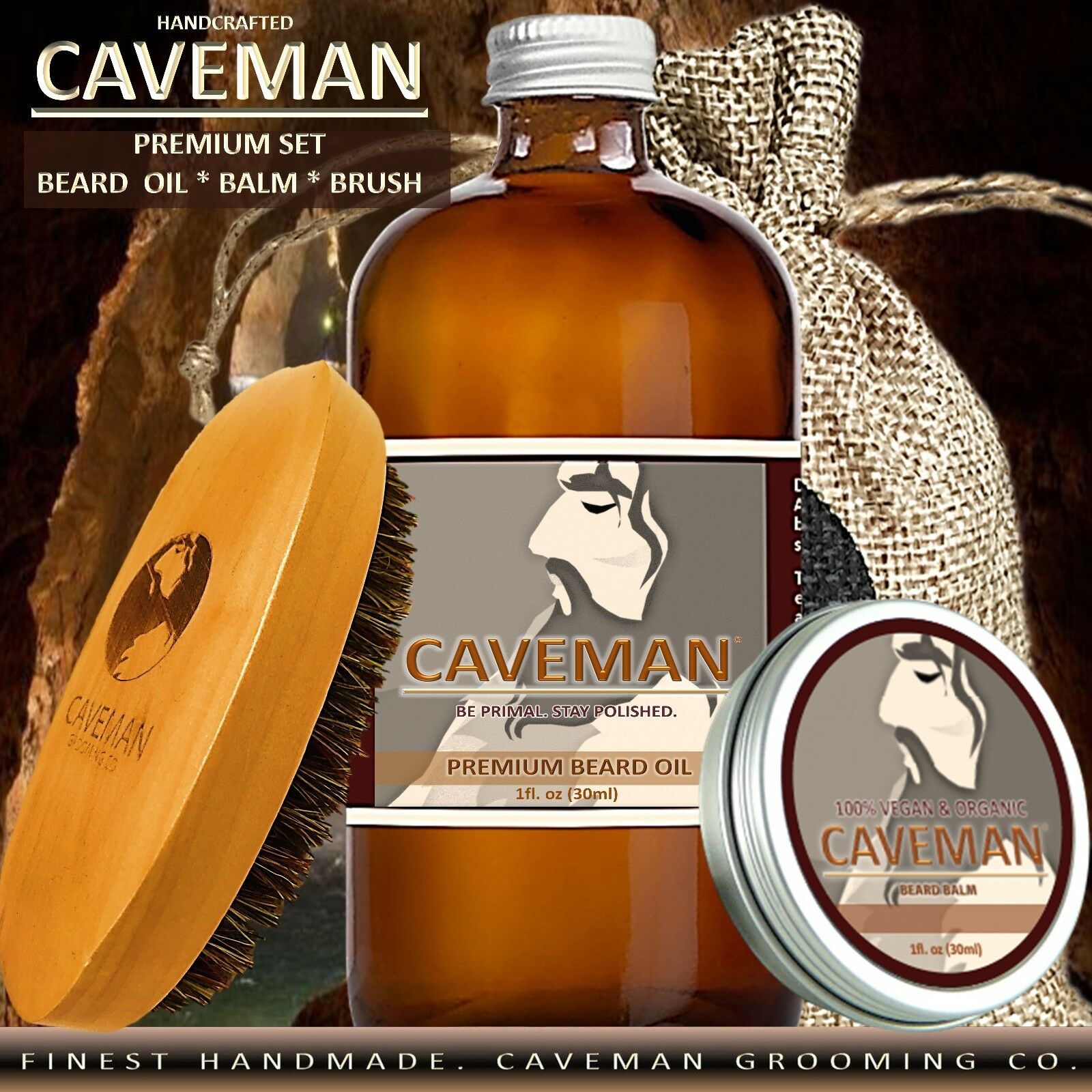 Hand Crafted Caveman® Beard Oil Conditioner + Beard Balm + Brush Kit 18 Scents