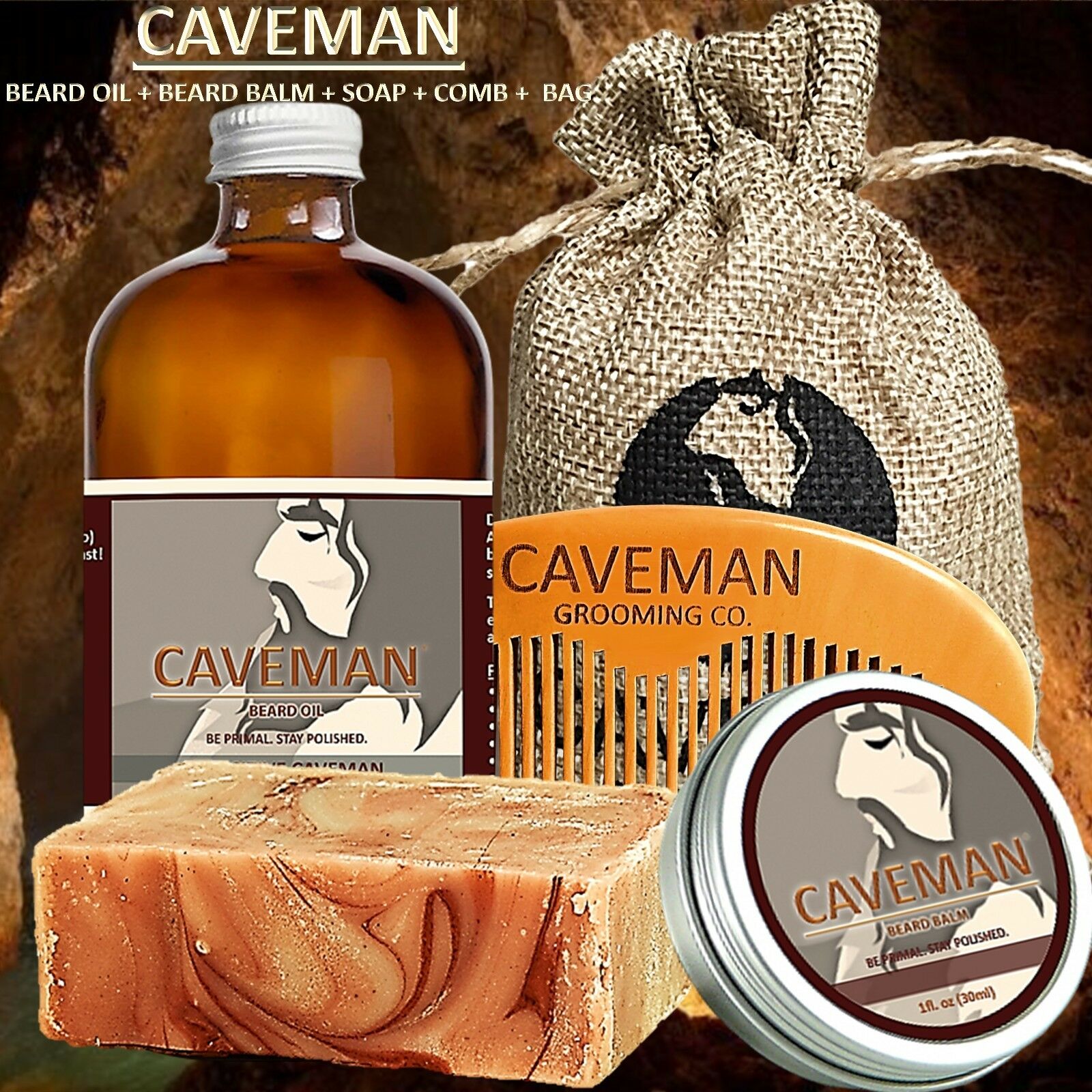 Hand Crafted Caveman® Beard Oil Kit + Beard Balm + Free Comb + Soap + 15 Scents