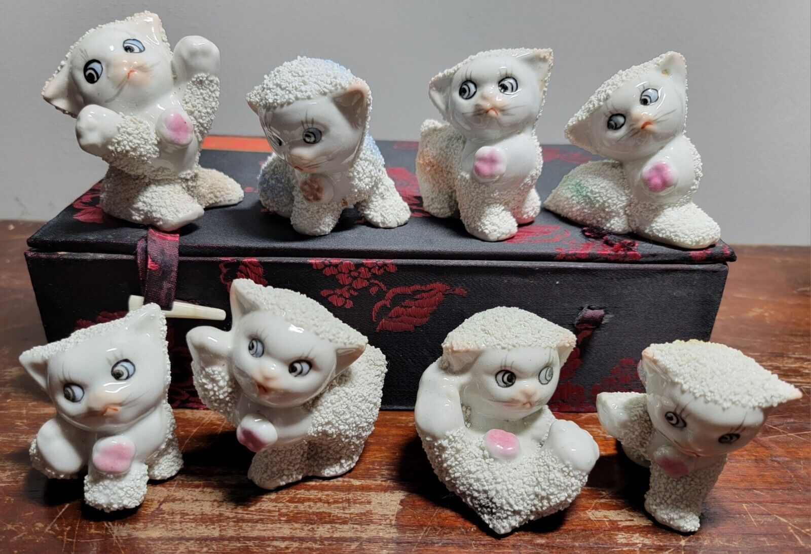 Antique Chinese Sugar / Salt Textured Porcelain Cats Set Of 8 with Original Box