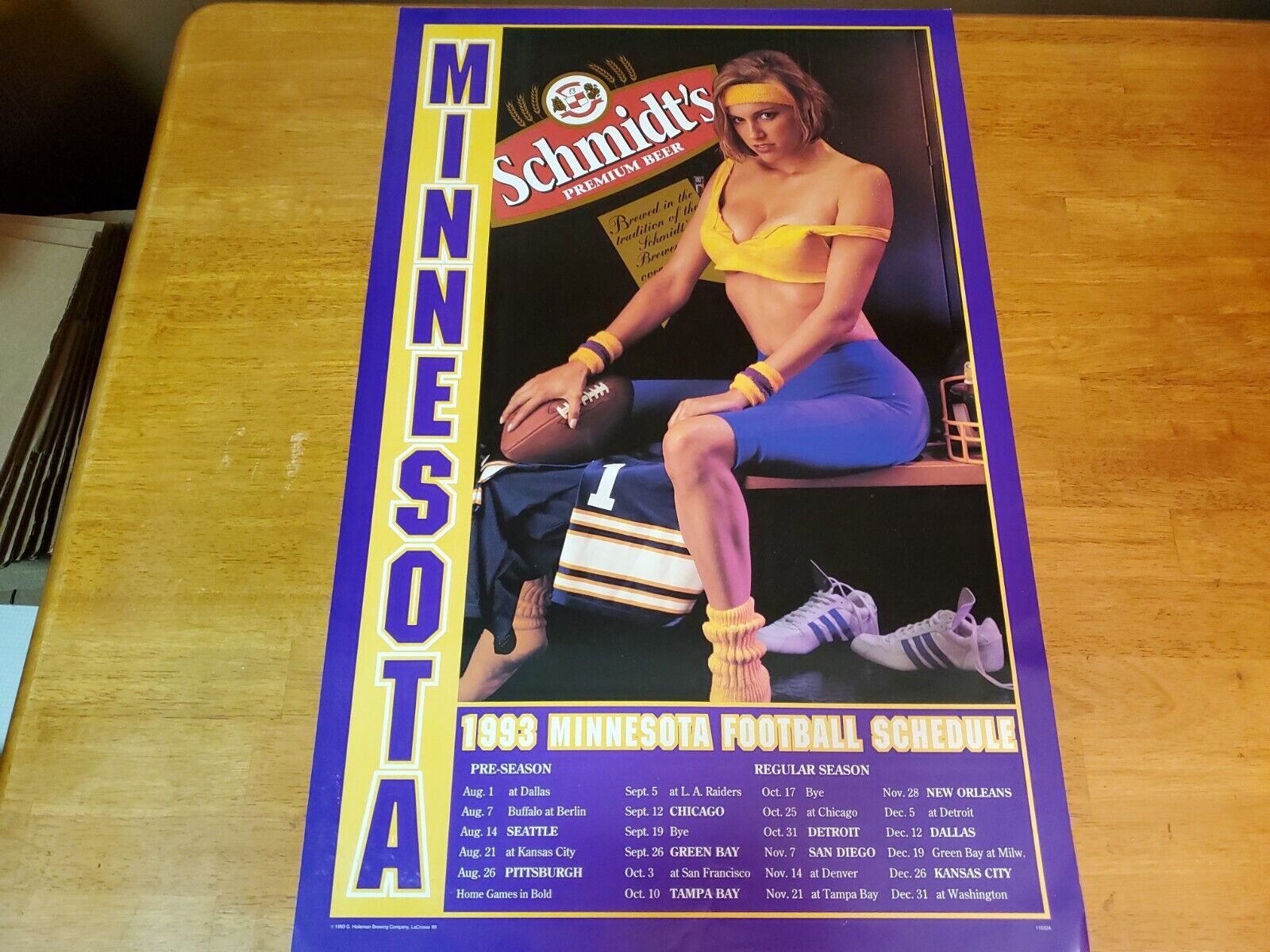 Schmidt Beer POSTER  Minnesota Vikings 1993 Schedule - 17x27 - NOS - Sexy Woman