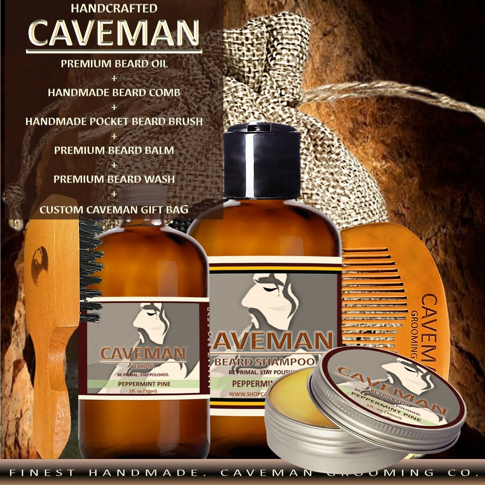 Caveman® Beard Oil Growth Kit + Beard Balm + Beard Wash + Comb + Brush 18 Scents