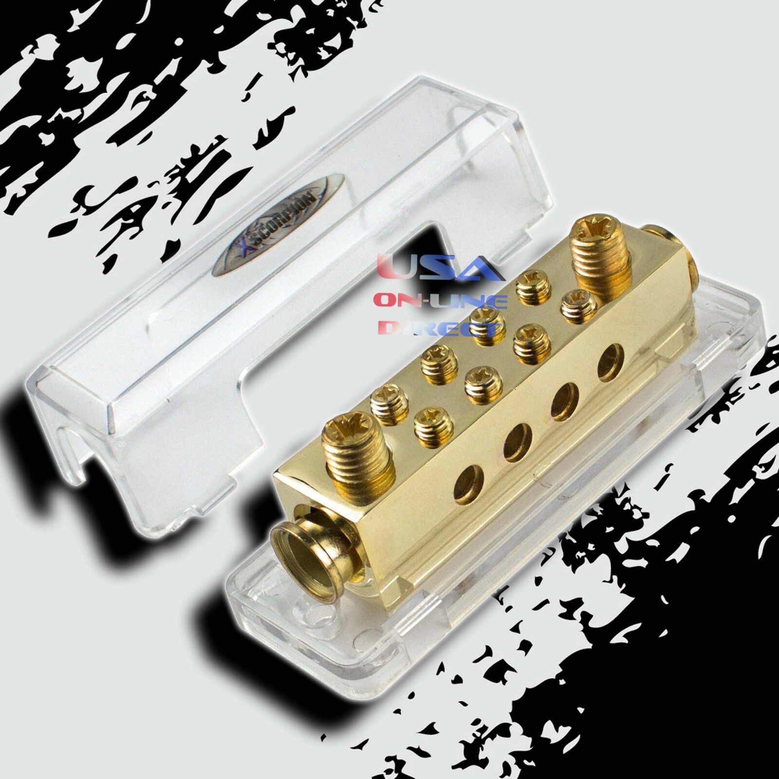 Gold Ground Distribution Block Two 0/2 Gauge Wire Awg 12v Inputs 8ga Output