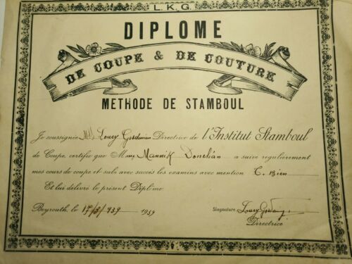 Diplome De Coupe Et De Couture  Beyrouth 1939 Beirut Lebanon Document Original