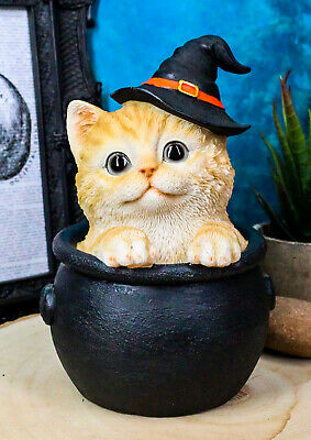Ebros Witching Hour Halloween Tabby Cat With Witch Hat In Black Cauldron Statue